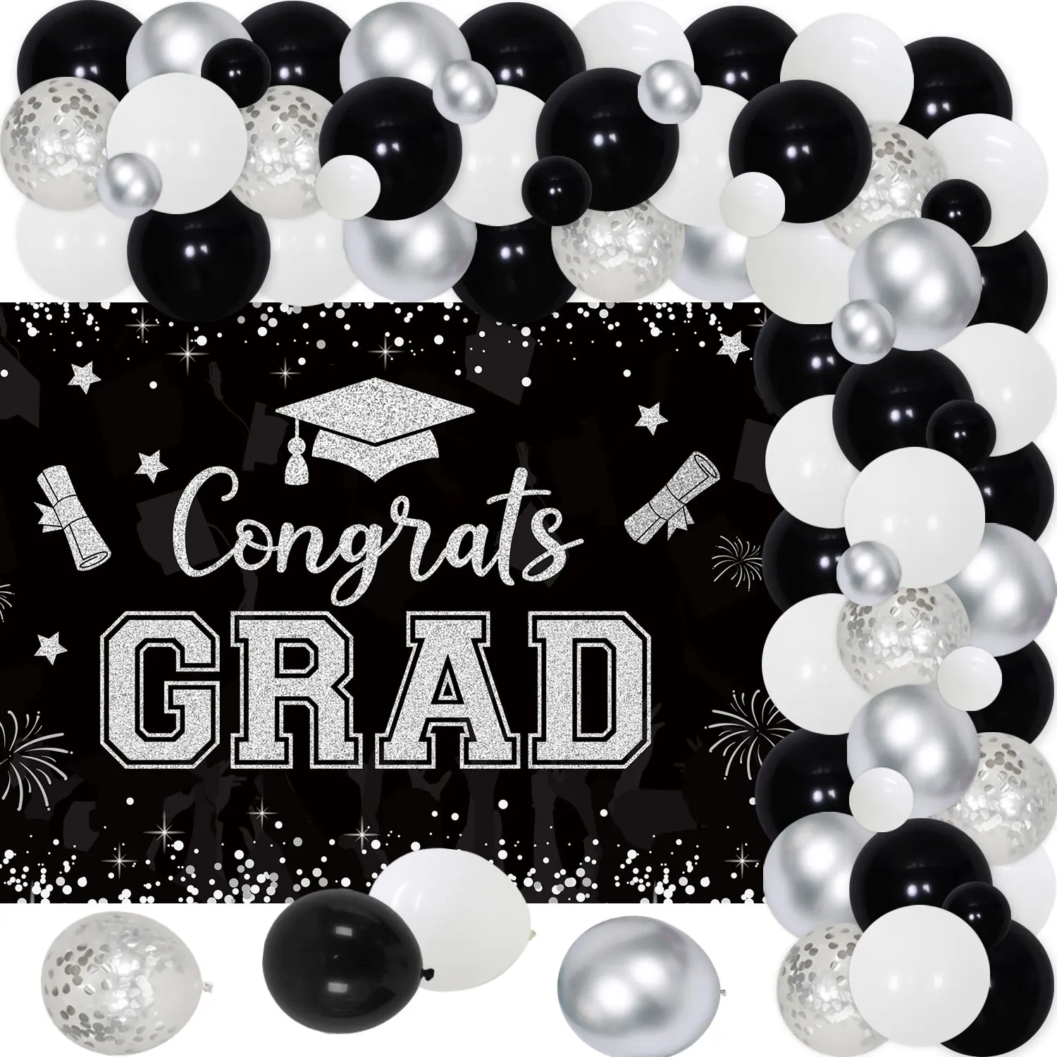 

2024 Silver Black Graduation Theme Backdrop Balloon Chain Set Metallic Silver Confetti Latex Balloons for Graduation Party Decor