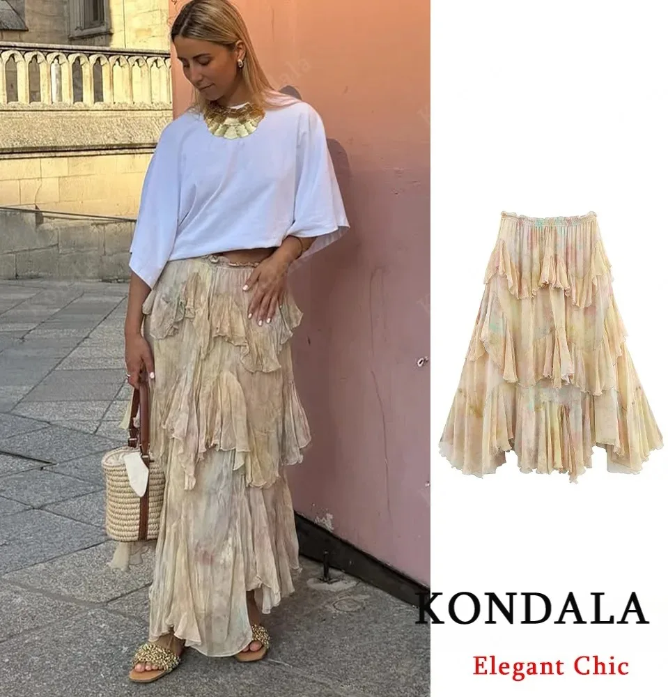 KONDALA Vrouwen Elegante Hippie Rok Gradiënt Print Tiered Ruches Lange Rokken 2025, Zomervakantie High Street Boho Dame Rokken