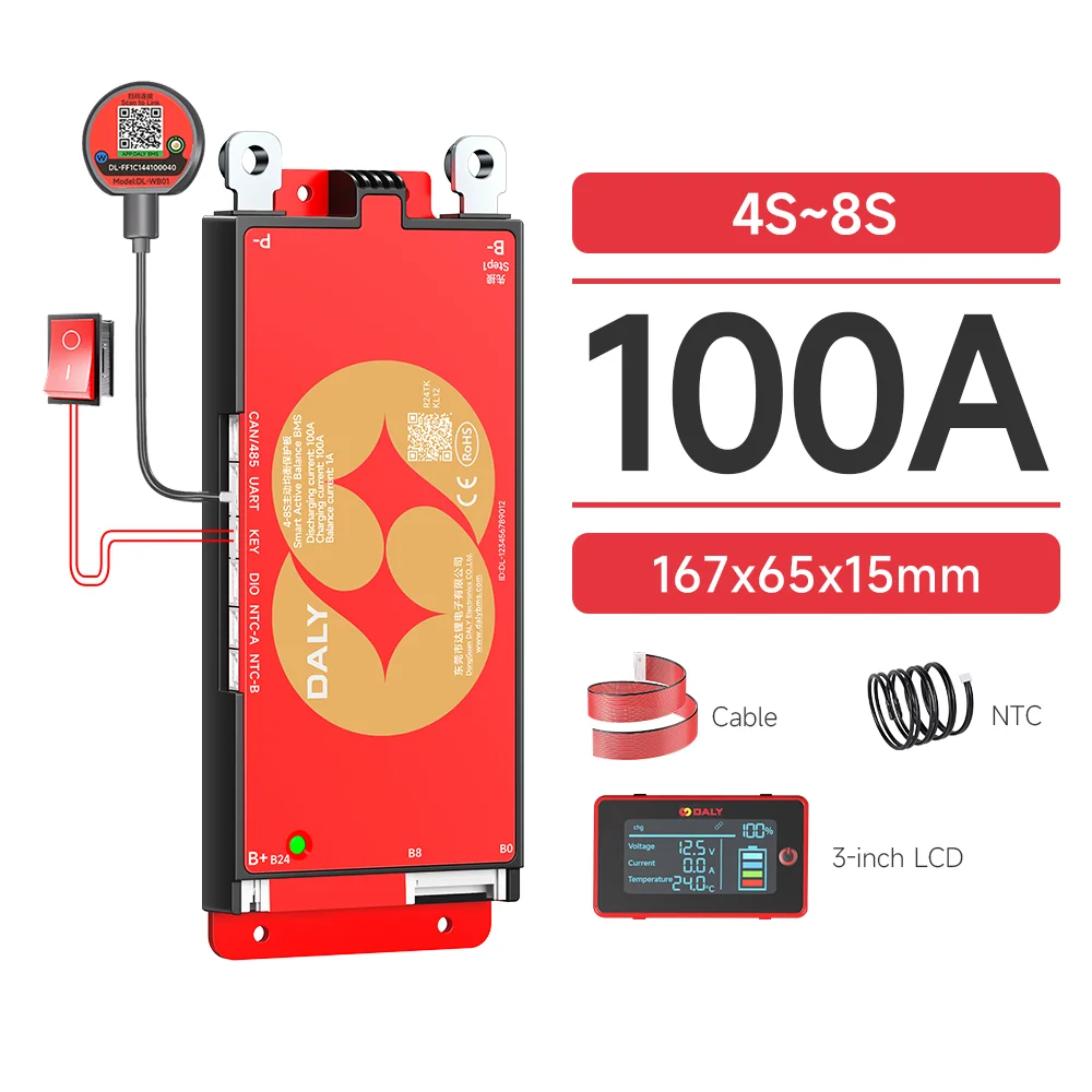 DALY Smart BMS 4S 8S 16S 40A 60A 100A 150A 200A 12V 24V 48V LiFePo4 1A Actieve Balancer BMS met LCD RS485 UART WIFI KEY