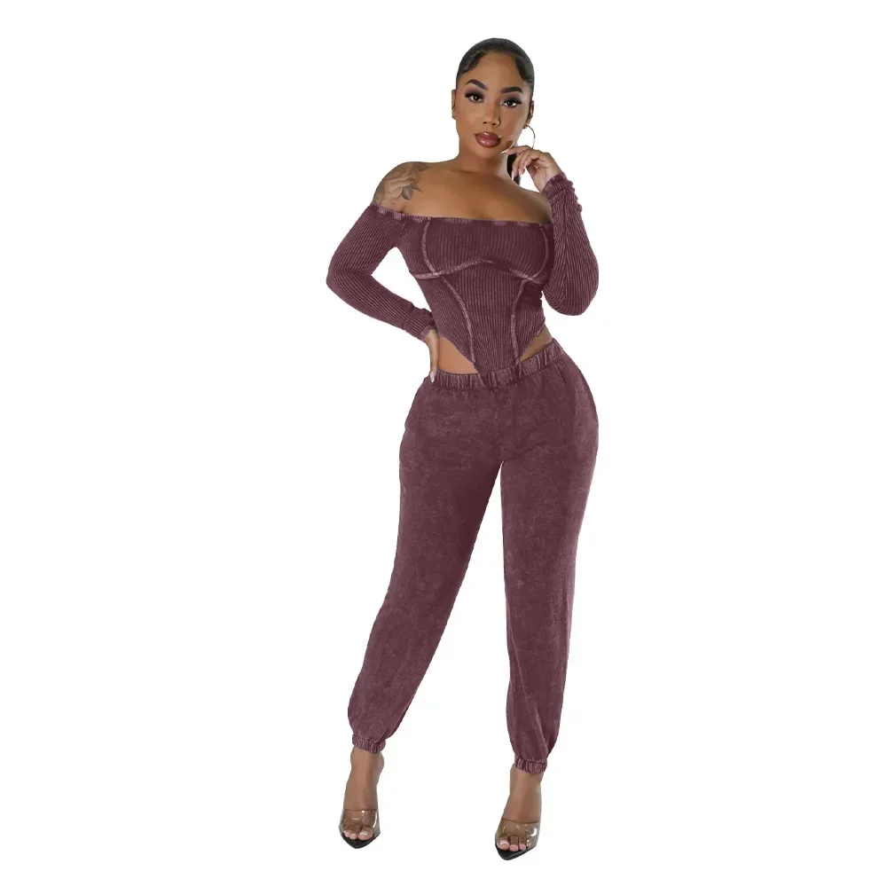 Streetwear Knitted 2 Piece Sets Women Outfit Sporty Slash Neck Long Sleeve Bodysuit Tops and Sweatpants Casual Matching Sets