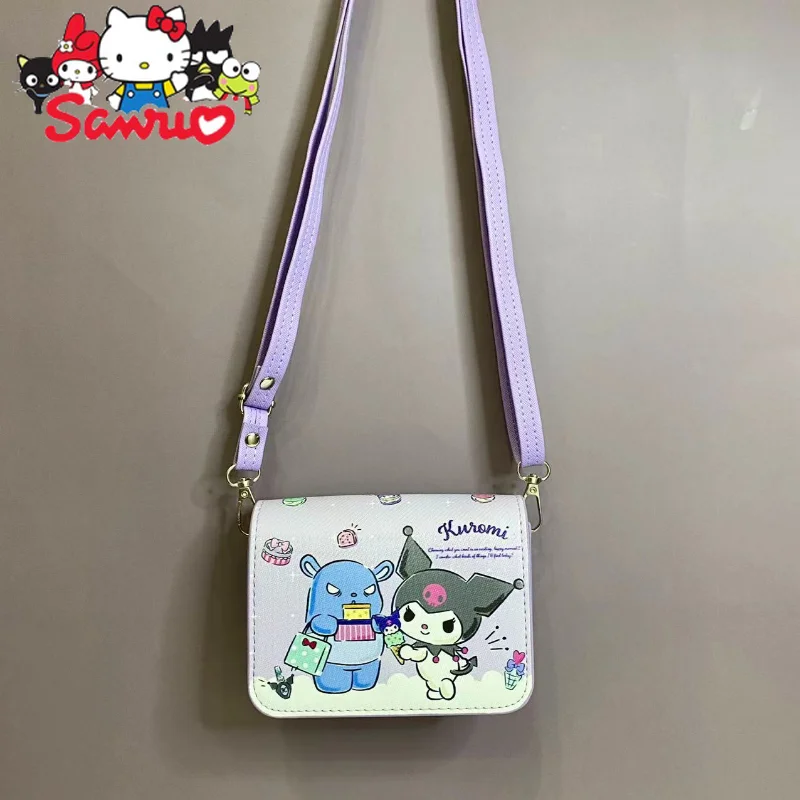 MINISO Melody Kuromi Hello Kitty Cinnamoroll Pochacco Square Leather Waterproof Shoulder Bag for Kids Strap Magnetic Closure Bag