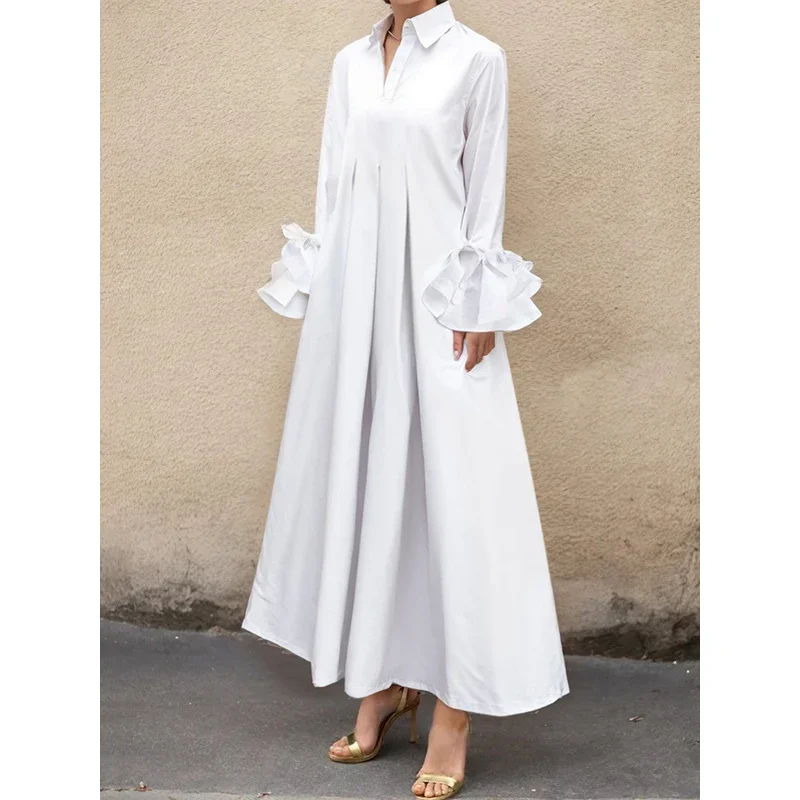 Women Elegant Church Maxi Dresses 2024 New Autumn Flared Sleeves Black White Color Pleated Lapel Evening Shirts Dress