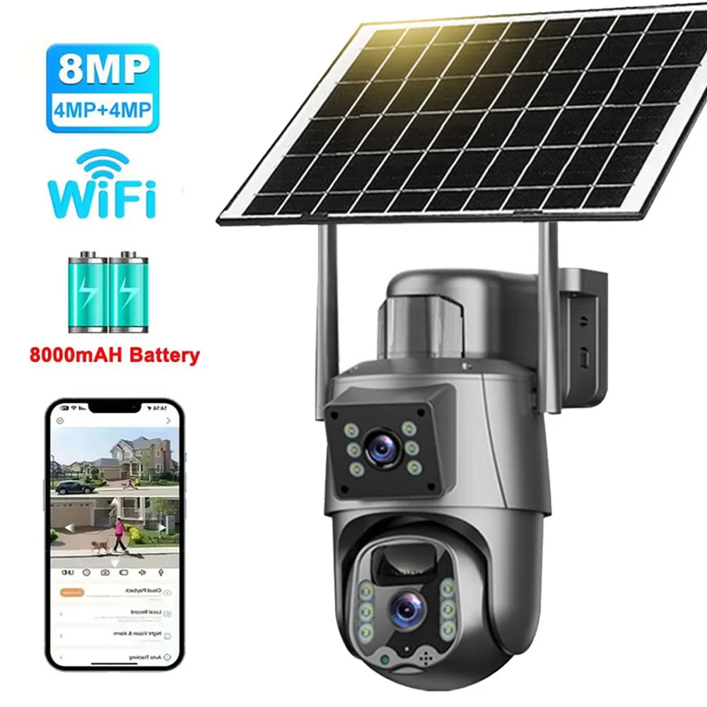 

4K 8MP Солнечная камера с двойным экраном Открытая беспроводная камера видеонаблюдения с солнечной панелью PTZ Двойная камера с объективом Защита безопасности