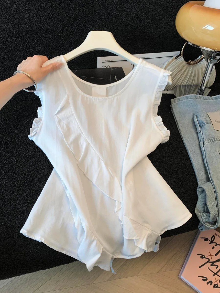 

Elegant White Thin Sleeveless round Neck Shirt Women's Summer New Style Fashionable Lace Trim Blouse Breathable Comfortable S...