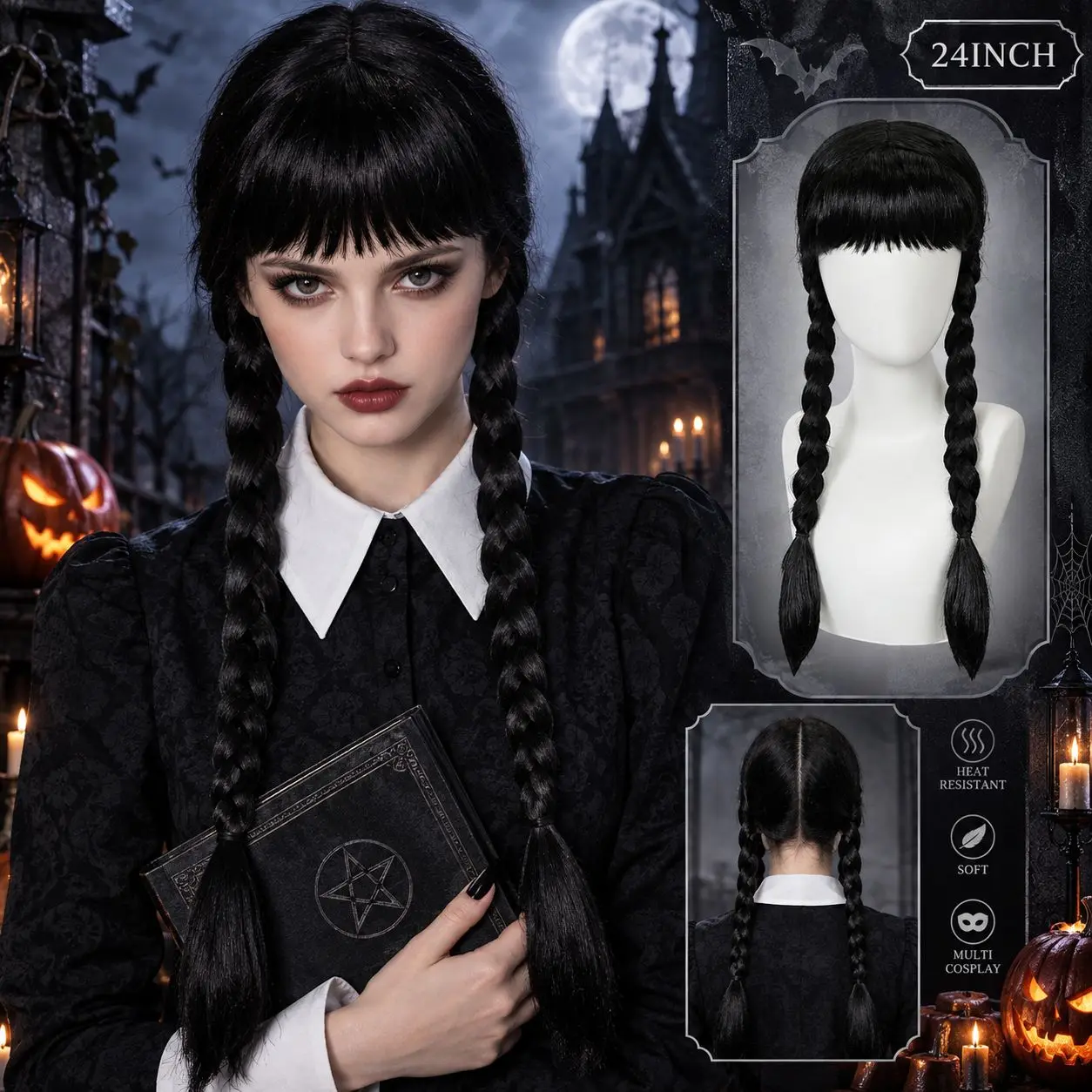 Black Long Double Braid Synthetic Wig with Straight Bangs, Cosplay Wig for Festival Party Halloween , Dark Style Dress Up Hair