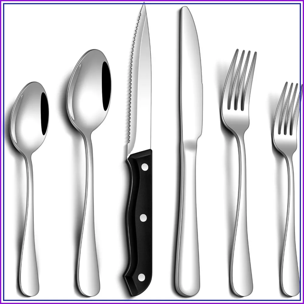 24 Pcs Silverware Set with Steak Knives, Food-Grade Stainless Steel Flatware Set for 4, Mirror Cutlery Includes Forks Spoons and Knives, Dishwasher Safe Utensil Sets for Home Restaurant