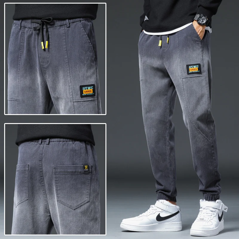 Jogger Jeans Pants Men Black Gray Elastic Waist Harem Pants Casual Patches Nice Autumn Denim Trousers Relaxed Joggers Pants Man