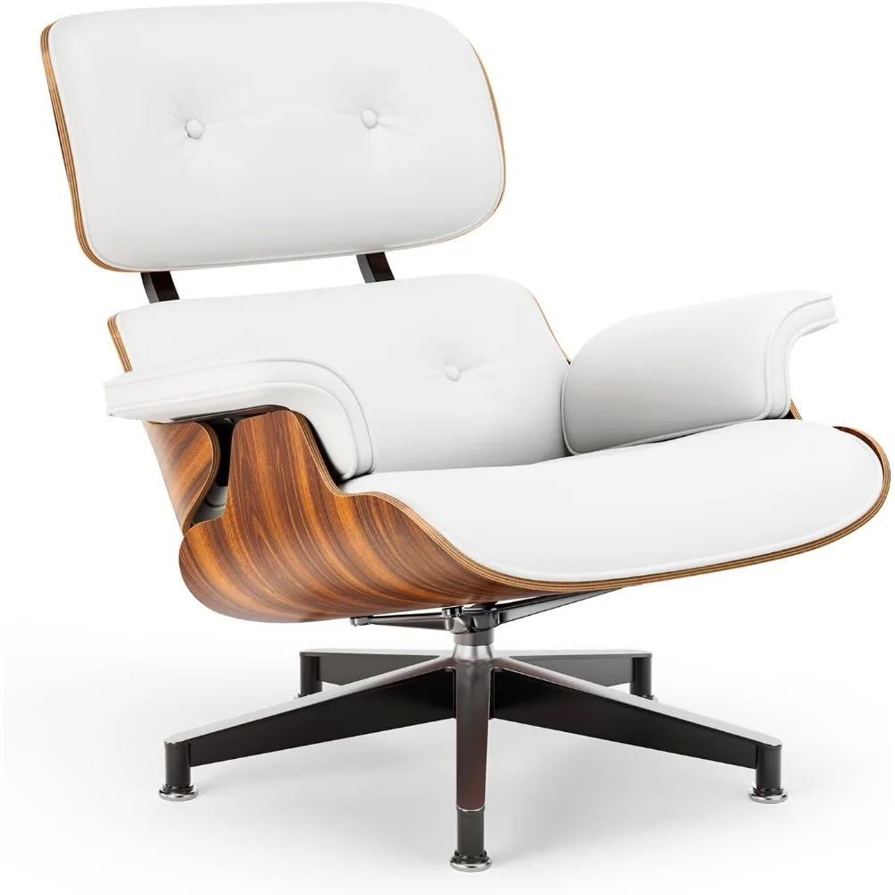 เก้าอี้พักผ่อนและออตโตมันสไตล์มิดเซ็นจูรี่ หุ้มด้วยหนัง PU สีขาวคุณภาพสูง ดีไซน์คลาสสิกทันสมัย โครงไม้ปาลิแซนเดอร์ ฐานแข็งแรงทนทาน