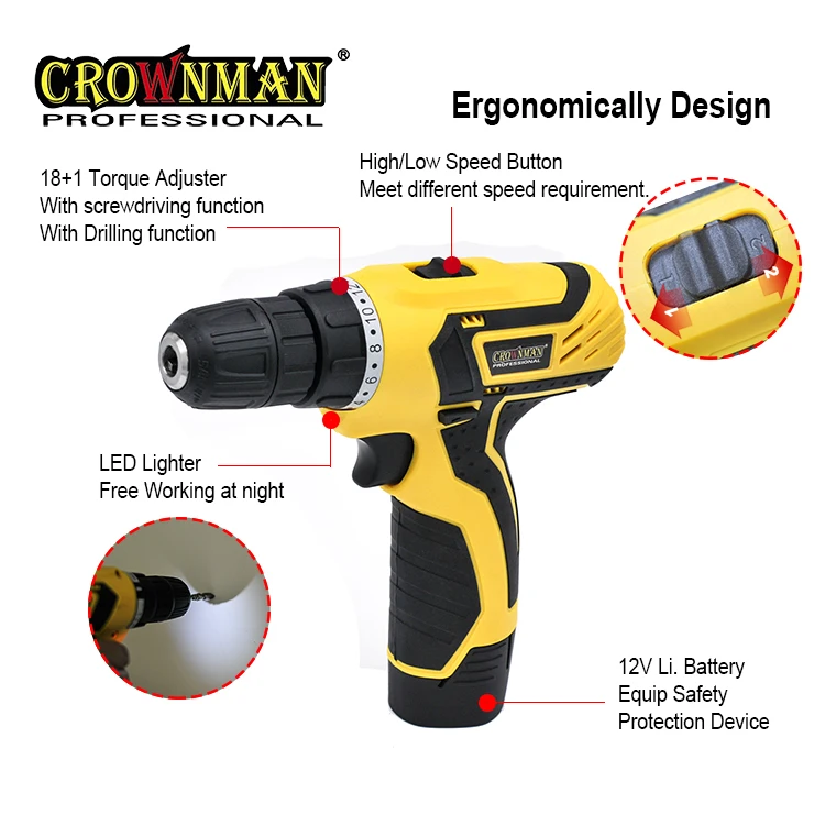 CROWNMAN Professional Power Tools Drills 1500mAh 12V Electrical Cordless Hammer Drill Set