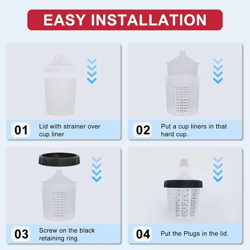 Hot Paint Spray Cup, 50 Cup Liners (20 Oz), 50 Lids With Filters, 10 Plugs, 1 Hard Cup, 1 Retaining Ring, 1 Stirring Stick