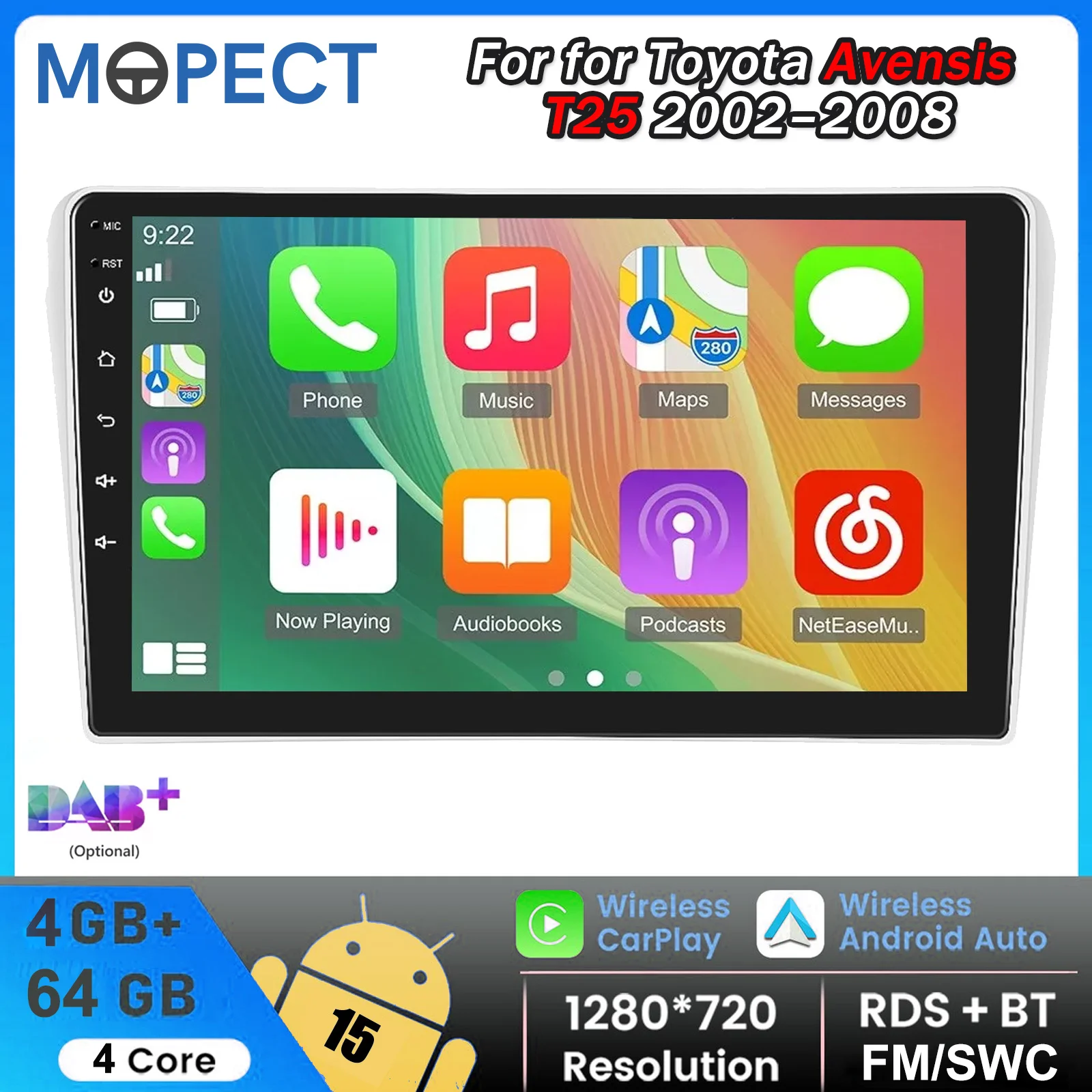 MOPECT 4+64G Android 15 Kabelloses CarPlay Autoradio MP5-Player für Toyota Avensis T25 2002-2008 Android AUTO Stereo Bluetooth Multimedia 2 DIN ASP FM