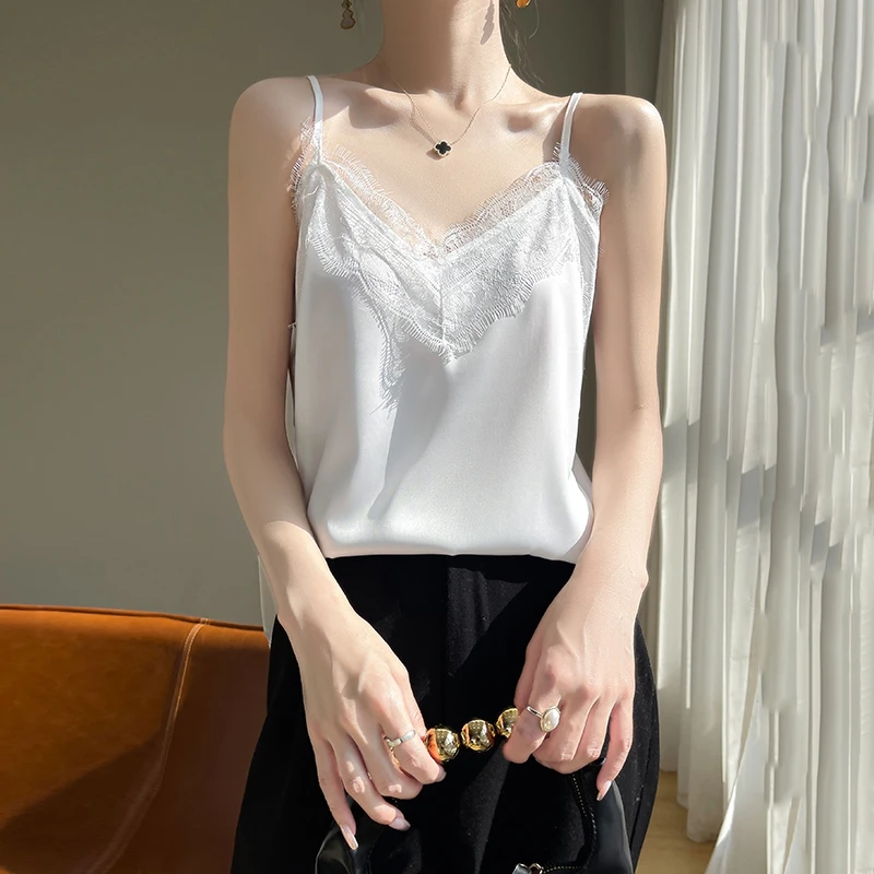 Summer 2025 New Silk Satin V-Neck Suspender Vest For Ladies Sexy Lace Sling Fashion Mulberry Silk Suits Internal Blouse RW D05