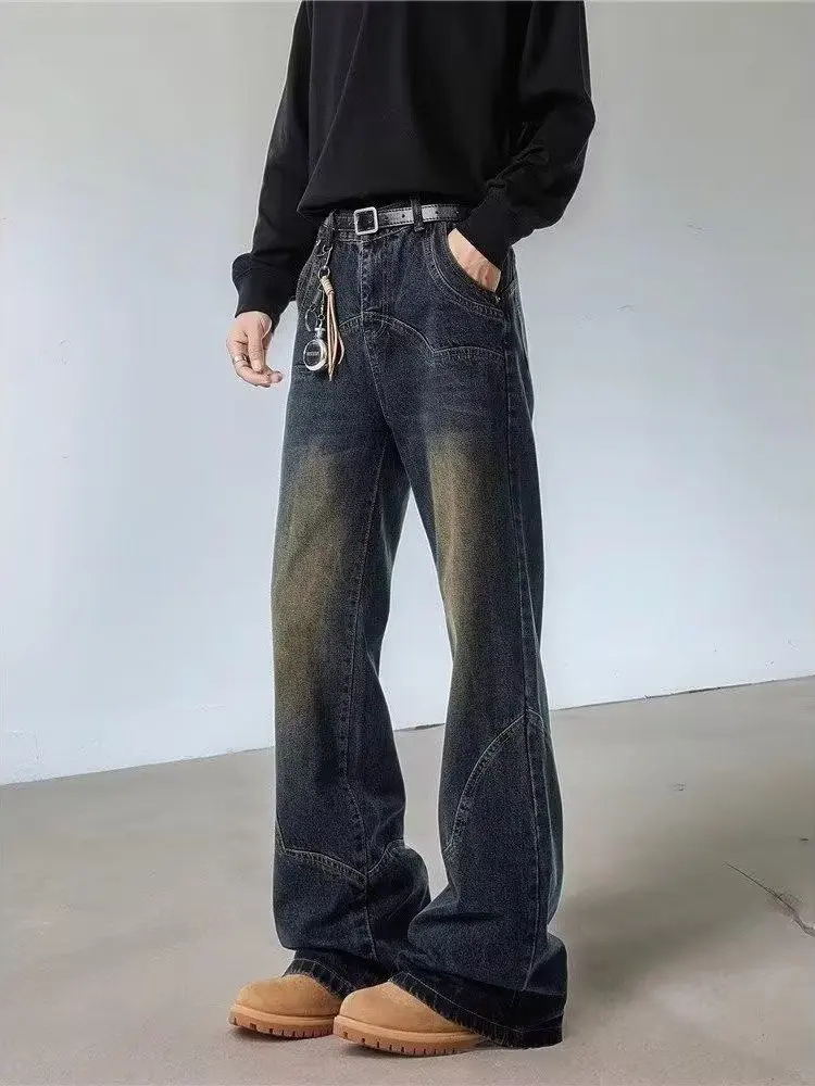 Retro Gradient Blue Men's Spring Autumn Style Bell Bottom Jeans American High Street Knife  Patchwork Straight Leg Trousers