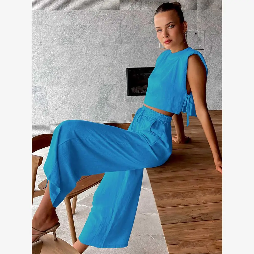 oulder Pad Svel Top Broek Set Dames Faion Zomeroutfit Tweedelige set Lange broek Polyester stof