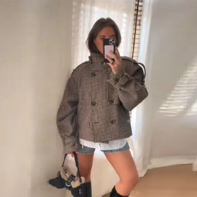 

Осенне-зимняя женская одежда, элегантная короткая куртка в клетку с воротником-стойкой, повседневное уличное двубортное свободное пальто с карманами