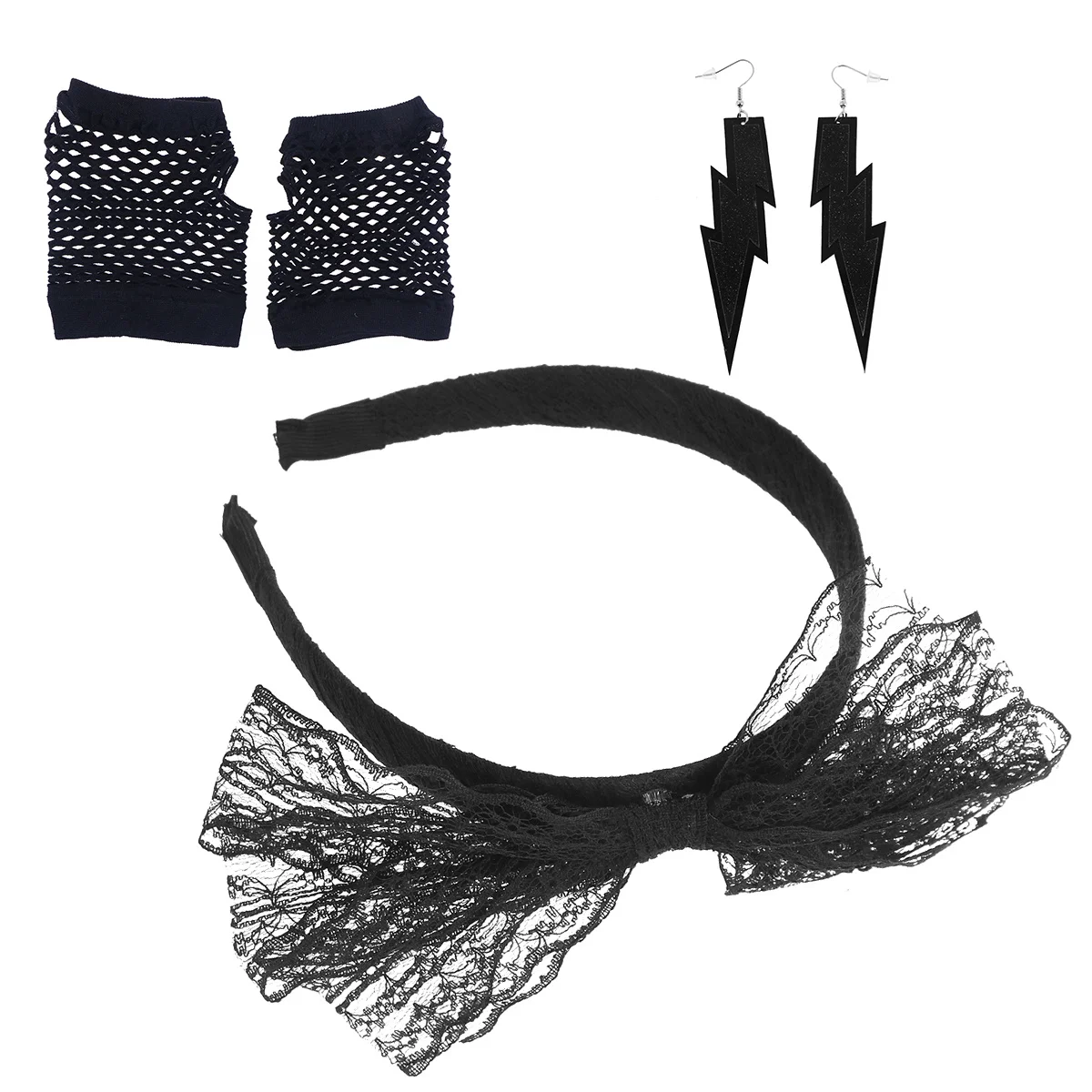80S Party Accessoires Set Zwart Kant Hoofdband Neon Oorbellen Vingerloze Handschoenen Voor Halloween Disco Cosplay Retro Kostuum