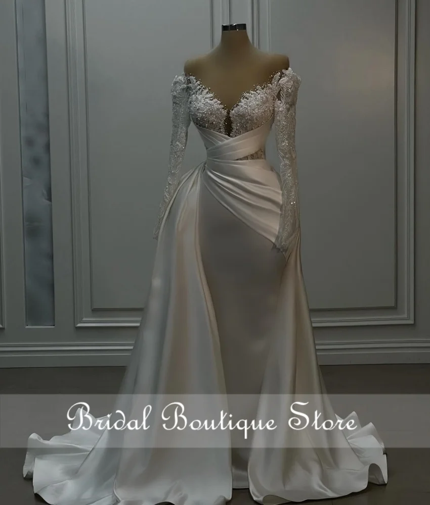 

Romance Satin Mermaid Wedding Dress Luxury Women 2024 Long Sleeves Bride Dresses Sparkly Beading Pearls Robe De Mariee