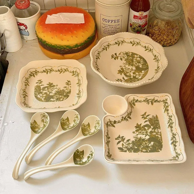 Nordic Underglaze Tableware Set Kitchen Dining Table Hotel Dishes Dumplings Square Plate Dinner Bowl Crafts Home Accessories