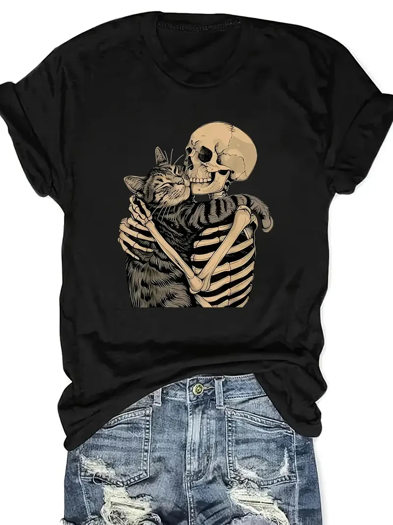 Black Skull Hugging Cat Graphic T-Shirt - Soft Stretchy Crew Neck Short Sleeve Top for Cat Lovers