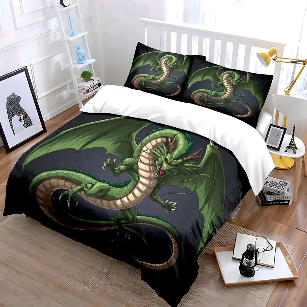Ferocious green dragon with wings Print Bedding Set 1 Duvet Cover 2 Pillowcases for Adult and Children Luxury Gift Full Size