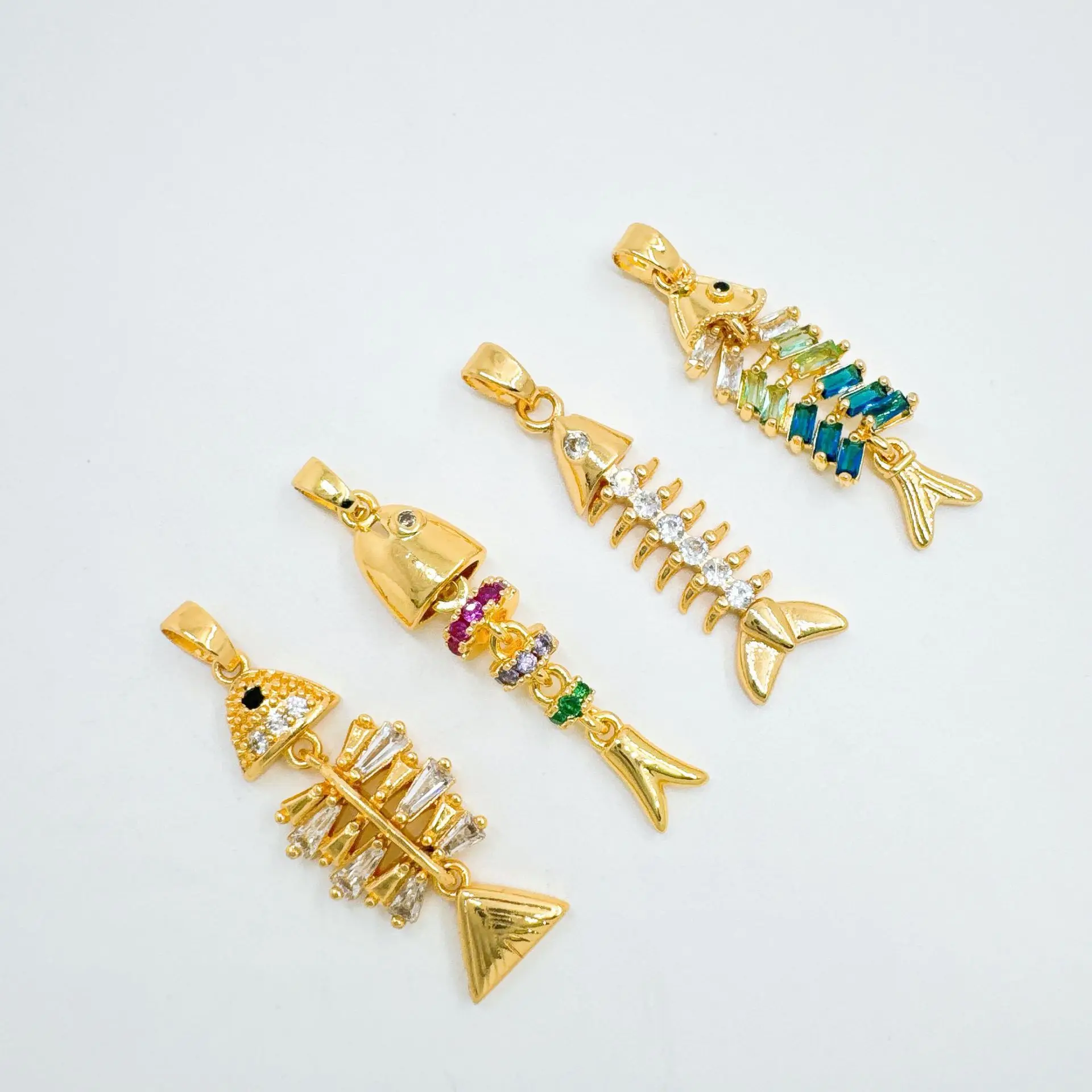 Movable Fish Bone Zircon Charms Gold Plated Fish Skeleton Pendant Multicolor DIY Bracelet Necklace Jewelry‑Making Accessories
