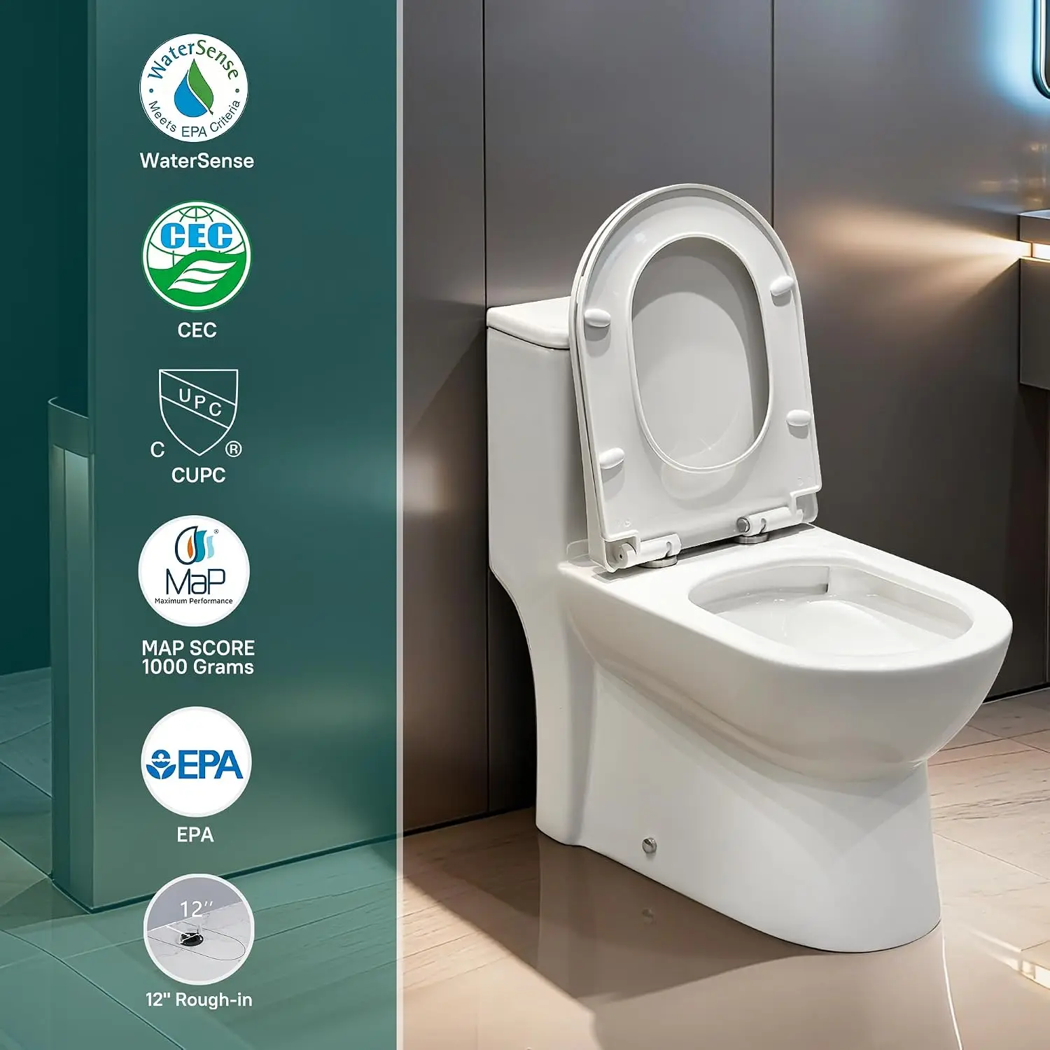 W2121D One-Piece Dual Flush Toilet, 0.8/1.28 GPF,360° Tornado Flush, Elongated D-Shape Bowl, 12-In Rough-In, White, Soft-Close S
