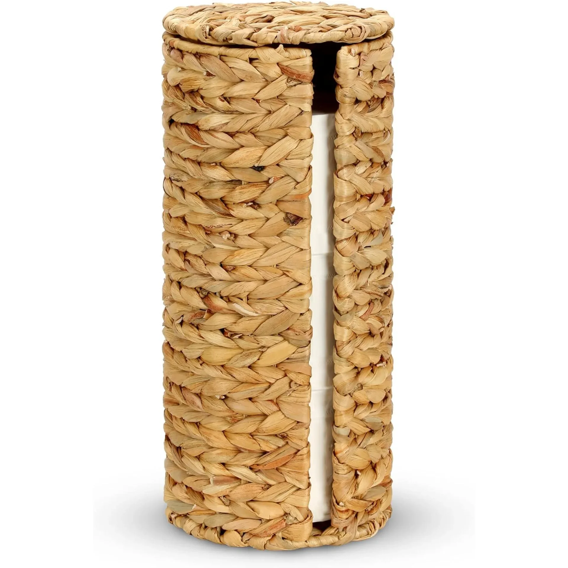 HeMu Hand-woven Water Hyacinth Toilet Roll Storage Basket Dust-proof Hinged Lid Bathroom Tissue Organizer Rustic Home Decoration