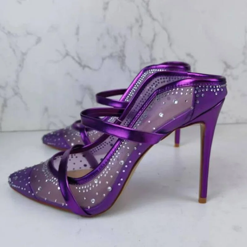 

Stylish Crystal Mesh Pointed Toe High Heel Mule Purple Gold Metallic Leather Heel Pumps Shoes Pointed Toe Strappy Sandals