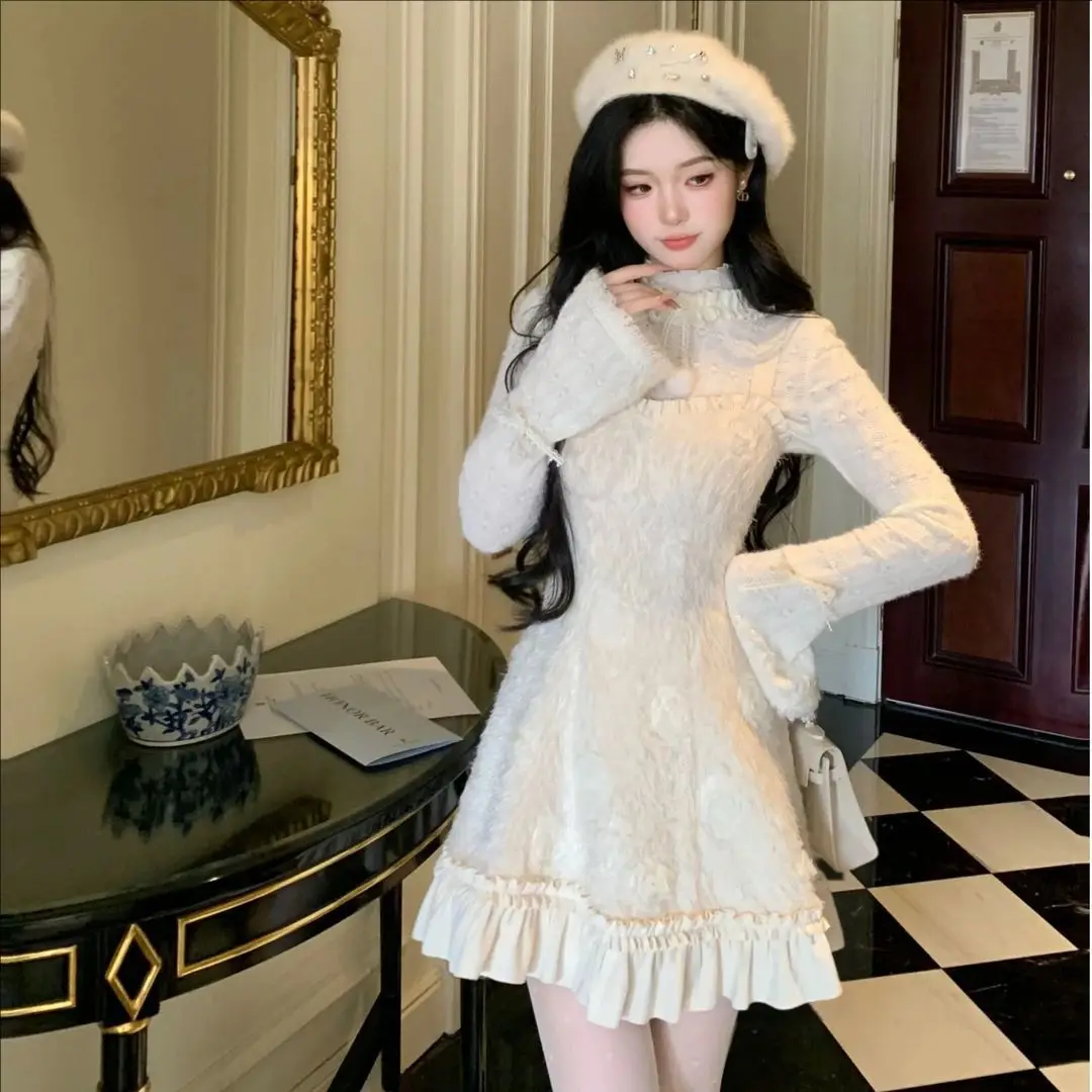 Winter Knit Sweet Elegant Mini Dress Suit Woman Japanese Lolita Lace Vintage 2 Piece Sets Female Bow Design Chic Outfits 2025