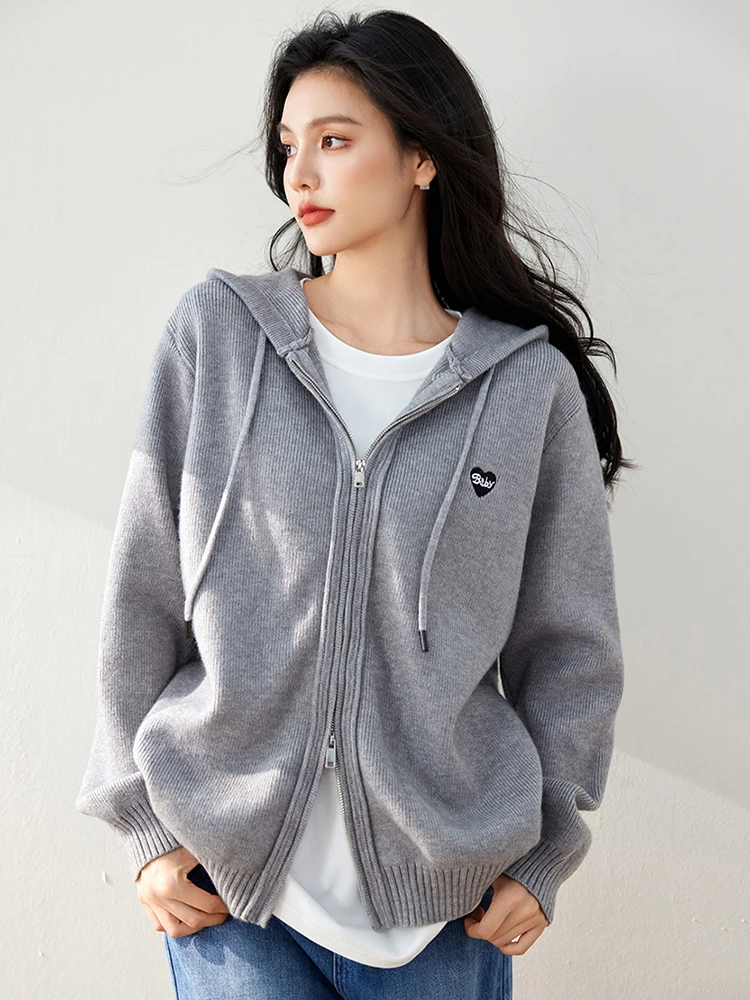 2024 Autumn Winter New Gray Preppy Style Double Zipper Hooded Cardigan Women\'s Loose Casual Soft Knitting Sweater Female Coat