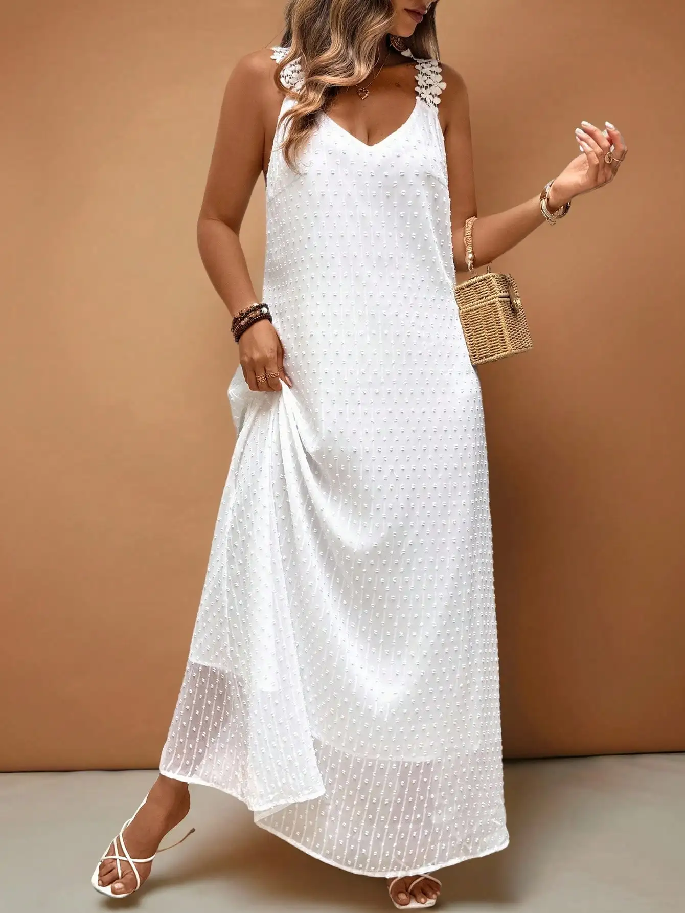 

White Boho Maxi Dress with Lace Shoulder Trim and Textured Dot Pattern