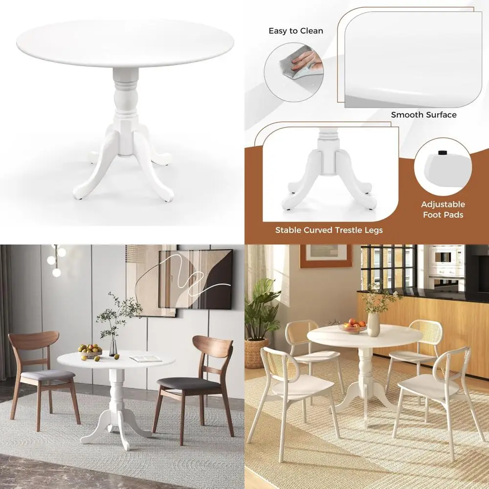 Round 4-Person Dining Table, 39 Diameter x 29 Height, Rubber Wood Construction with Curved Trestle Legs