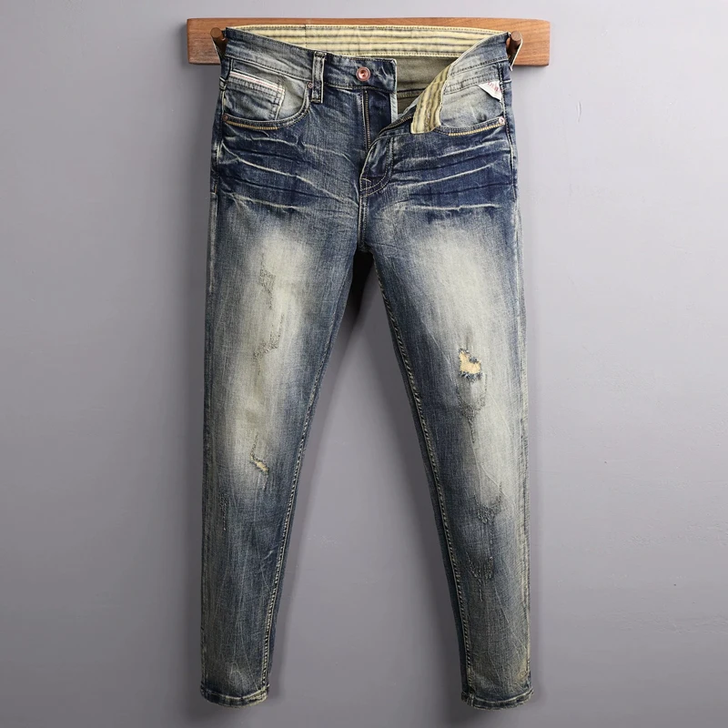 

Y2K Street Designer Fashion Men Jeans Retro Washed Blue Stretch Slim Fit Embroidery Patched Ripped Jeans Men Vintage Denim Pants