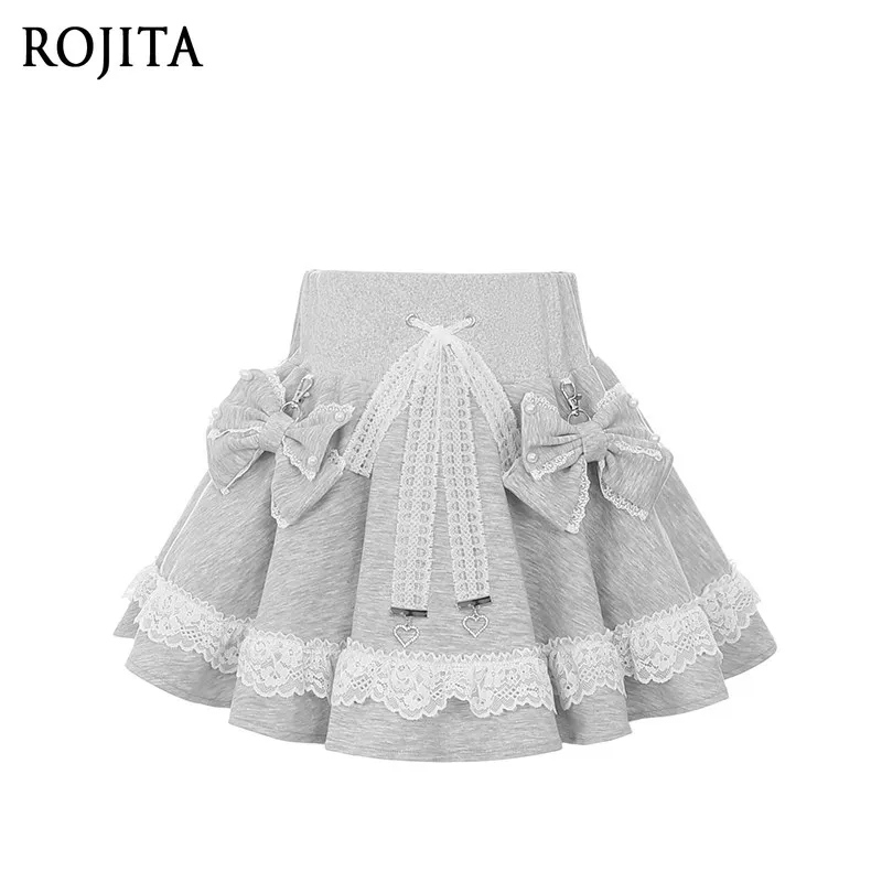 

Mine Style Sweet Mini Skirt for Daily 2026 New Kawaii Grey Knitted Mini Skirt Lace Trim Ruffle Hem Skirt with Bow