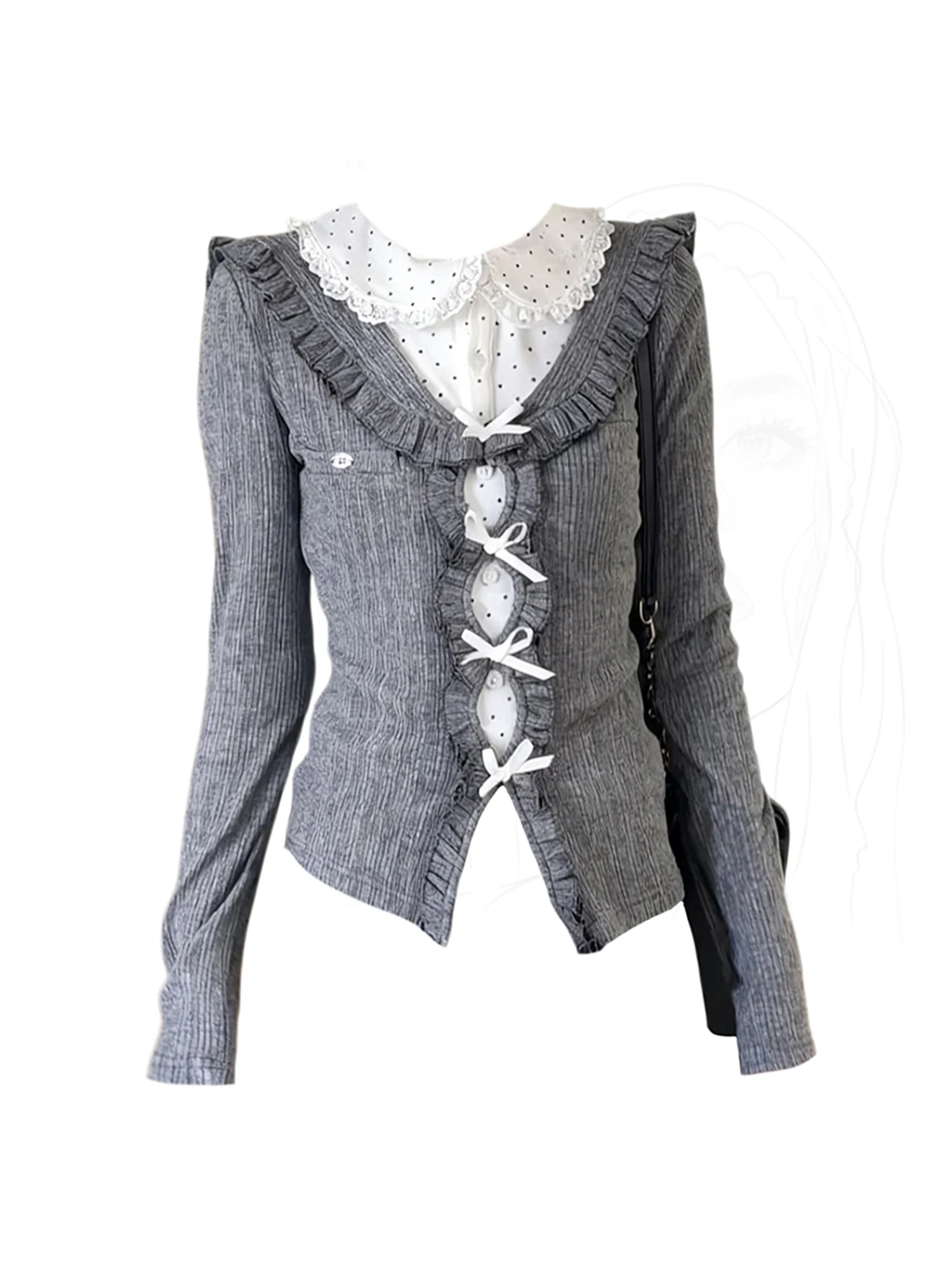 

Women's Grey Y2k Bow T-shirt Vintage Harajuku Preppy Style Gyaru 2000s Tee Top Cutecore Peter Pan Collar Long Sleeve T-shirts