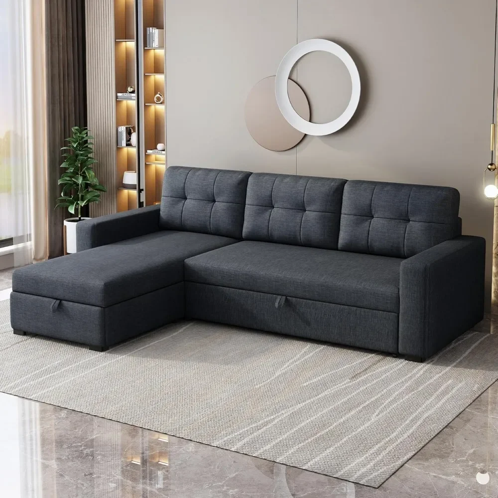 

81.5" Convertible Sectional Sofa with Storage Chaise, 3 Removable Back Cushion, L Shaped Pull Out Couch Bed, Living Room Sofas