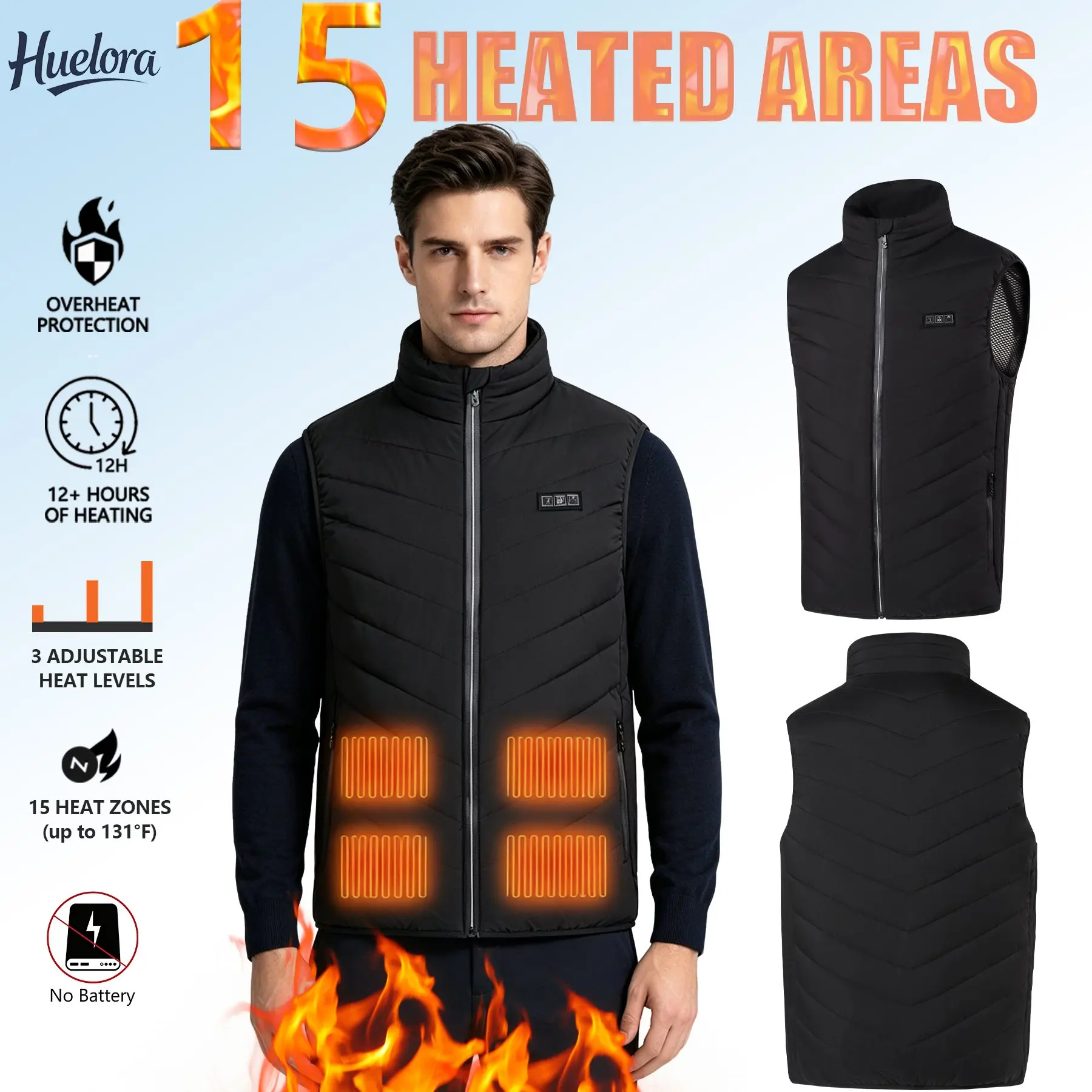 Huelora 15 Zones Heated Vest USB Electric Heating Waistcoat Men Women Winter Warm Gilet for Fishing Skiing,3 Temperature Levels