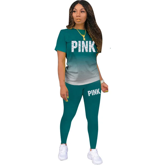 Summer Women Gradient Tracksuits Letter Printed T-shirt + Jogger Pants Two Piece Sets Fashion Casual Female Outfits S-3XL