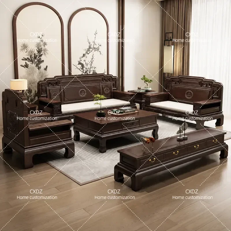 New Chinese Classical Solid Wood Sofa Set Antique Carved Living Room Furniture Villa Winter Summer Dual Use Couch Combination