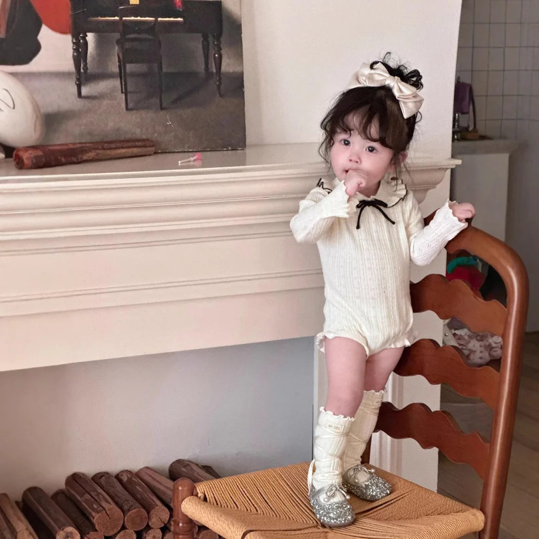 Spring and Autumn Thin Casual All-match Sweet and Cute Collar Bow Knitted Clothes Knitted Rompers Fashionable