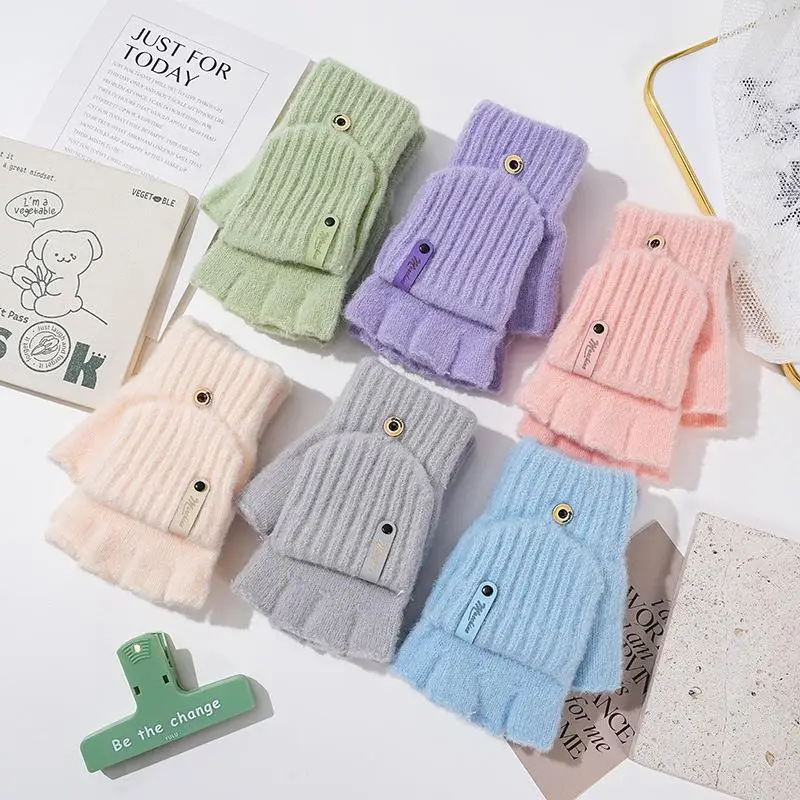 قفازات دافئة سميكة نصف إصبع لفصل الشتاء، قفازات نسائية محبوكة بدون أصابع مناسبة للكتابة للطلاب. #1