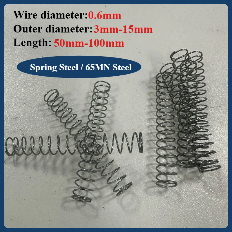 10 قطعة/الوحدة سلك ضياء 0.6 مللي متر ضغط الربيع الصلب OD 3 مللي متر-15 مللي متر طول 50/60/70/80/90/100 مللي متر نوابض الضغط الصغيرة #1