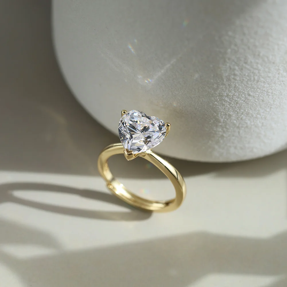 Heart Shape 925 Sterling Silver 14K Gold Plated Adjustable Moissanite Ring For Women Daily Wear Gift Jewelry