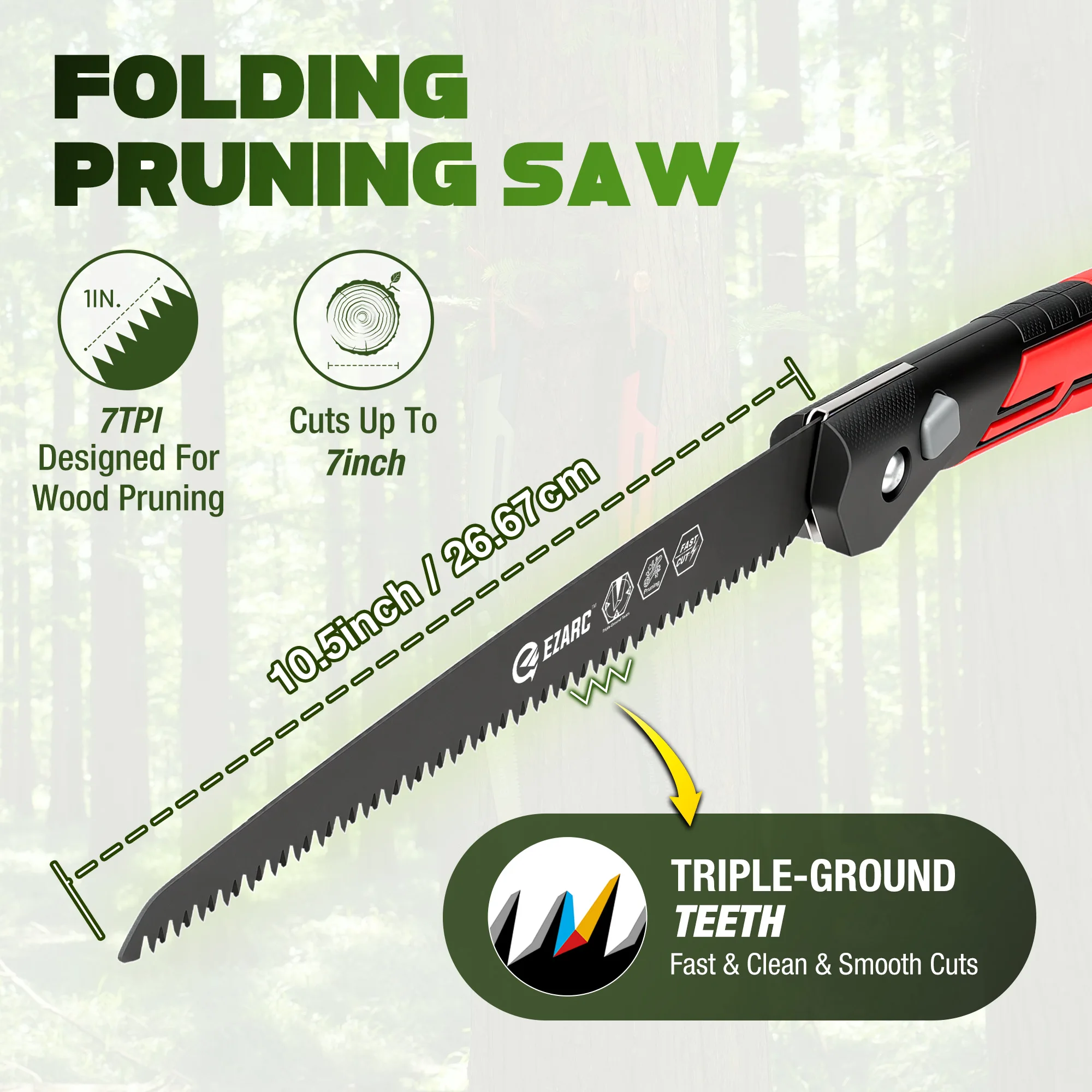 EZARC 10.5'' Folding Pruning Saw Red SK5 7TPI Triple-Ground Teeth Hand Saw Tree Branches/Wood/Bamboo/Plastic with Storage Pouch