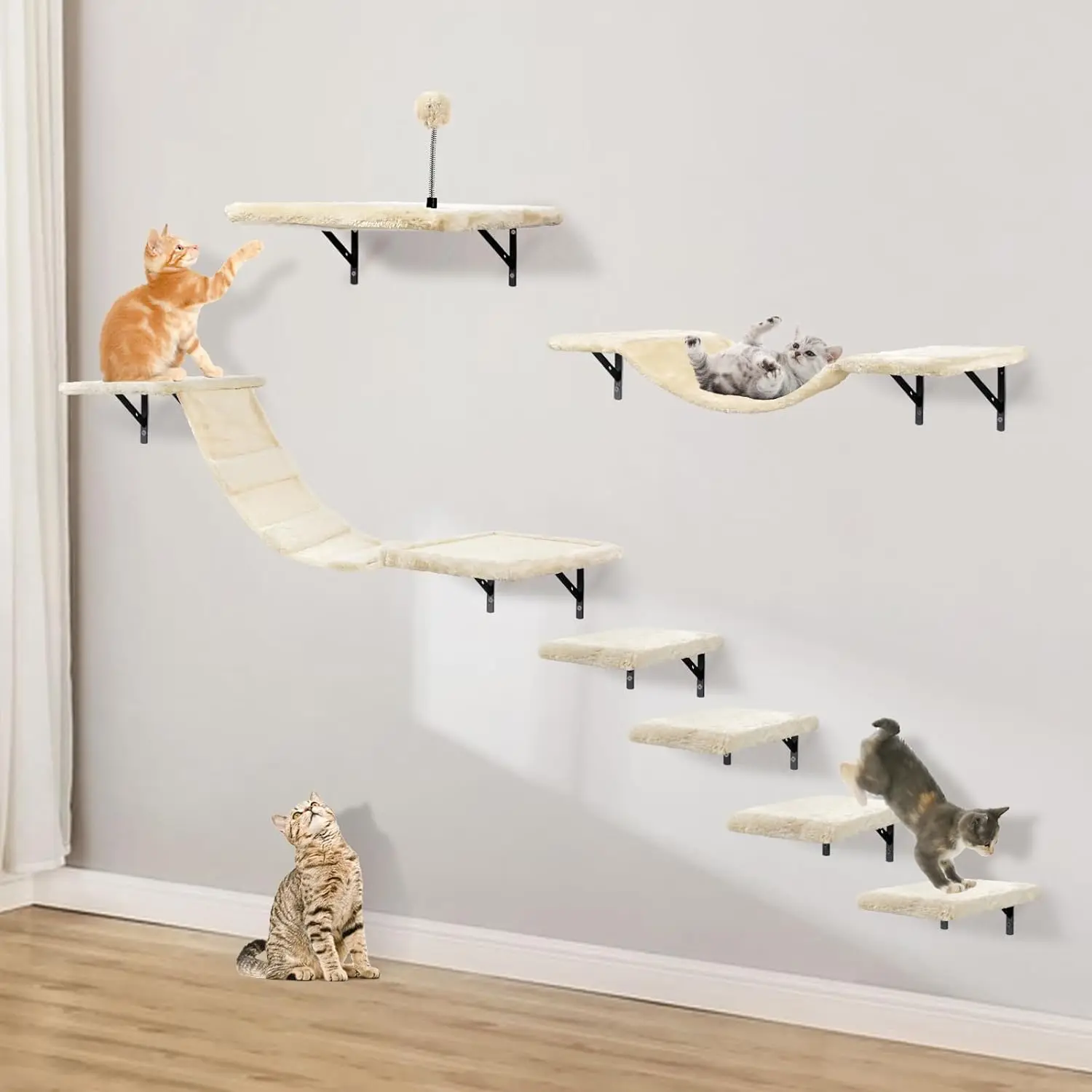 

Wall-Mounted Cat Climber Set with Shelves, Perches, Bridge, Hammock & Scratching Board - 7 Pcs Wood Indoor Furniture