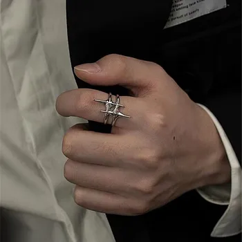 펑크 실버 컬러 구리 스타 오픈 반지 남성용, 패션 주얼리 선물, 힙합 빈티지 반지 