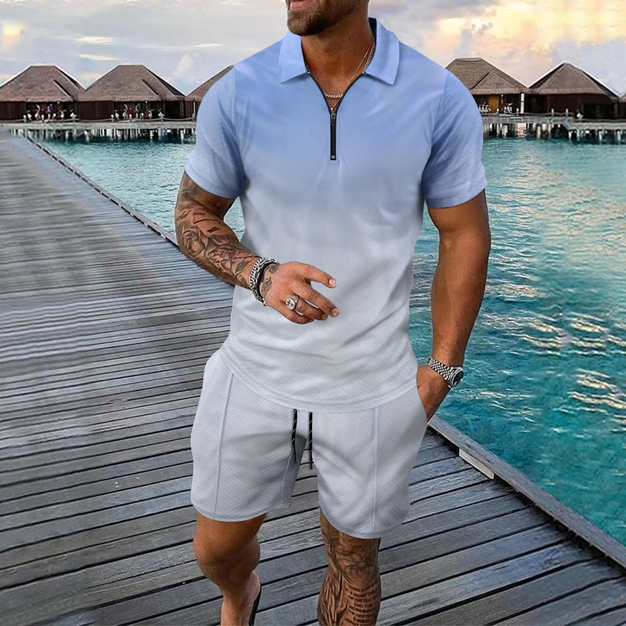 Bild 6: Interessantes Herren-Kurzarm-Set mit 3D-Karomuster, modischem Reißverschluss-Poloshirt und Shorts, lockeres Sommer-T-Shirt-Set