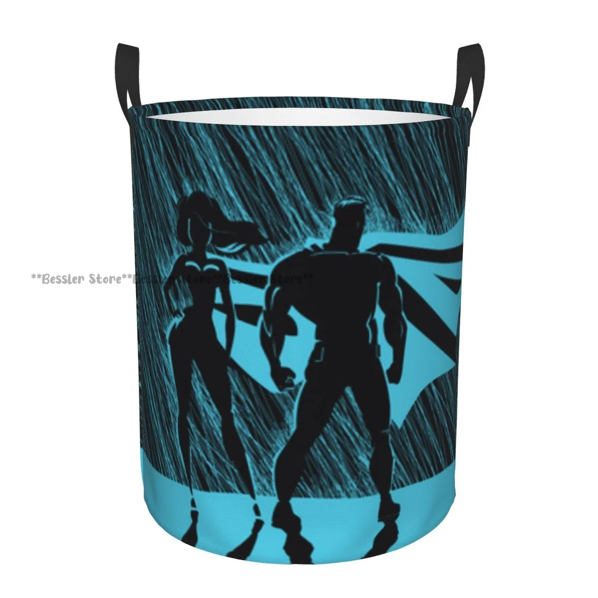 Dirty Laundry Basket Superhero Couple Male And Female Posing In Front Of Rain Background Folding Clothing Storage Bucket