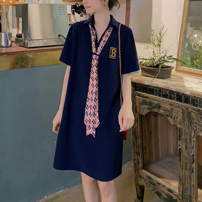 Preppy Style Turn-down Collar Midi Dress Female Clothing Short Sleeve Commute 2024 Summer Letter All-match A-Line Loose Dresses