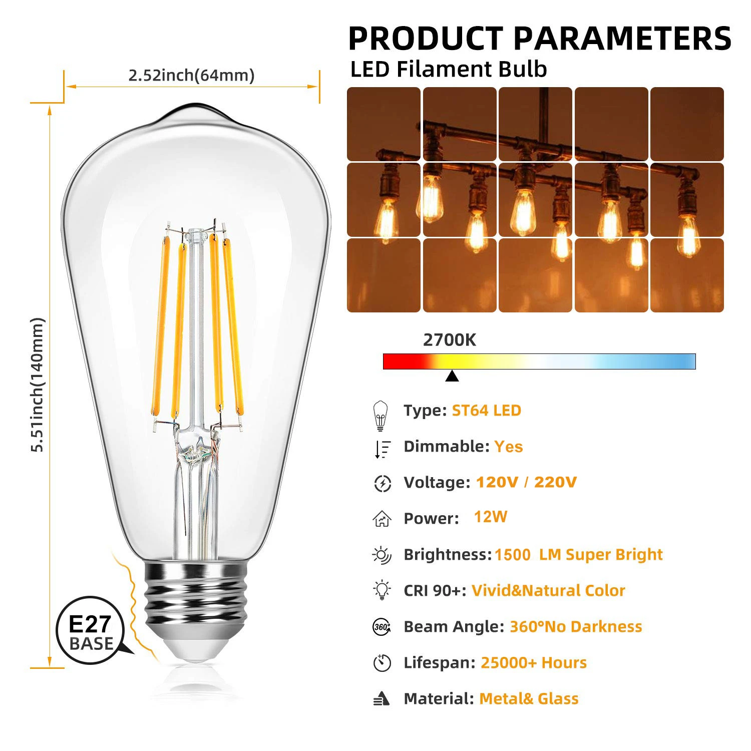 4PCS Retro LED Edison Filament Light Bulbs ST64 E27 E26 110V-220V 12W 1500LM Warm White 2700K 360 Degree Energy Lamps